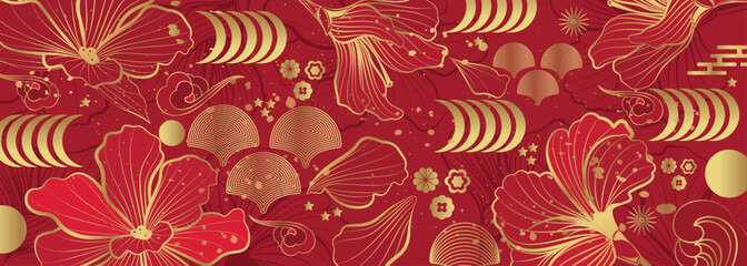 Vector banner with golden  flowers  on a red background. Chinese background