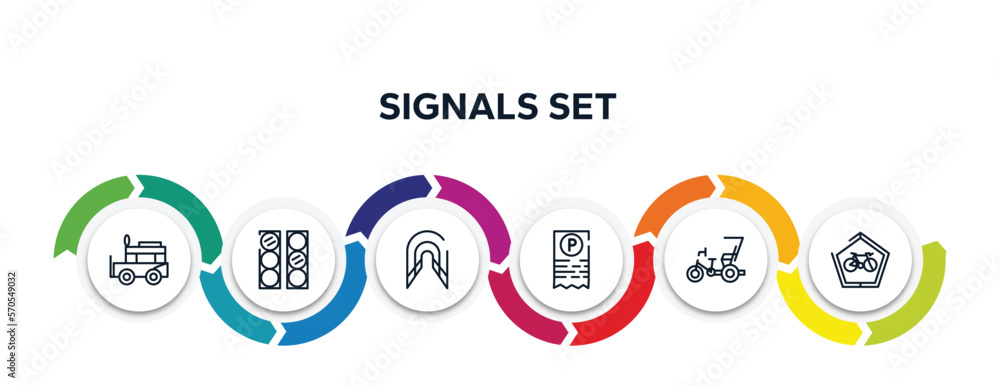 Poster signals set outline icons with infographic template. thin line icons such as ney, semaphore lights, 