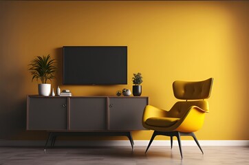 Salón amarillo con estilo retro y muebles modernos, creada con IA generativa