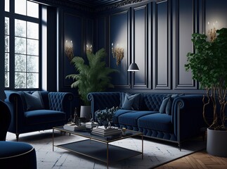 Recibidor de lujo de un despacho, salón azul marino con decoración de diseño, creada con IA generativa