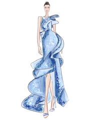 Sketch Fashion Illustration on a white background Woman in an evening dress, an easy style of fashion illustration.