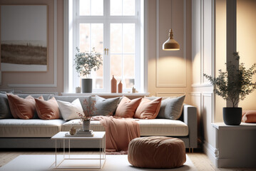 Sal&oacute;n luminoso moderno con grandes sillones acogedores con un estilo n&oacute;rdico, creada con IA generativa