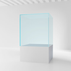 Realistic glass square showcase. Empty glass box in room. 3d illustration