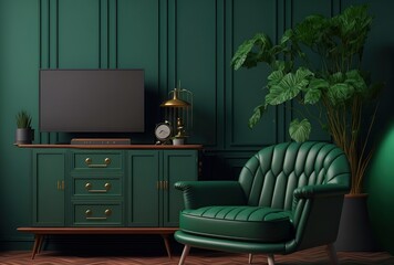 Salón verde oscuro moderno y clásico, sala de estar con materiales de lujo y aire retro futurista creada con IA generativa