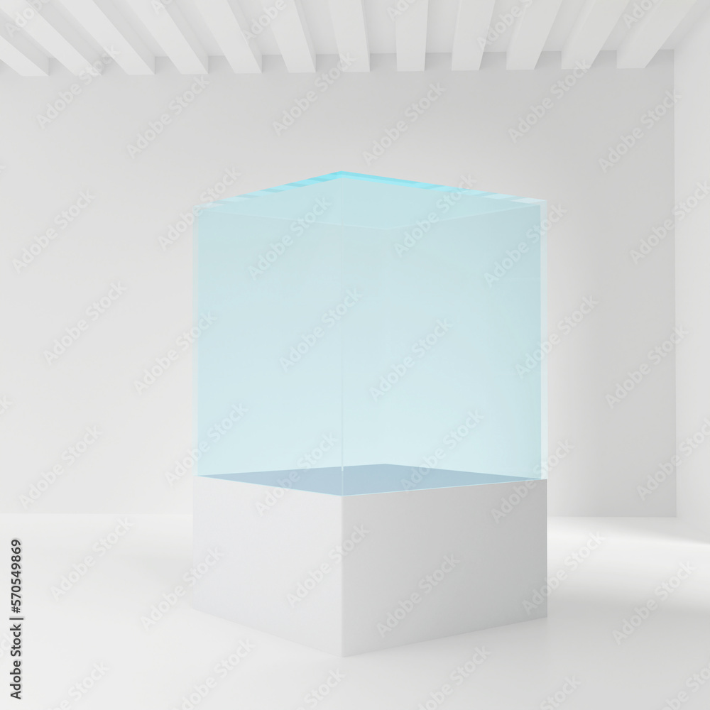 Poster glass showcase in the shape of a cube for presentation