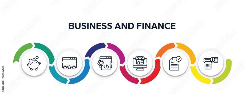 Poster business and finance outline icons with infographic template. thin line icons such as pig bank, page