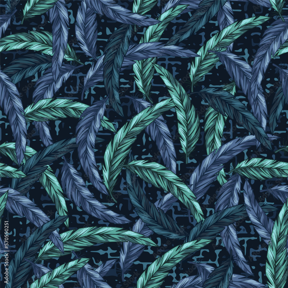 Aufkleber seamless blue camouflage pattern with intertwined feathers. textured with small abstract shapes back