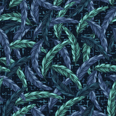 Fototapeta premium Seamless blue camouflage pattern with intertwined feathers. Textured with small abstract shapes background. Dense composition with overlapping elements. Good for t-shirt design, textile, sport goods.