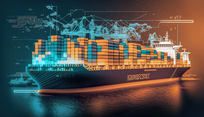 Shipping by sea, ocean, water. Shipping plans and tracking your shipment to see where it's going. Technology with direct logistics shipping worldwide. AI illustration.