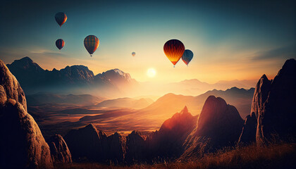hot air balloon with sunset background in the beautiful mountain