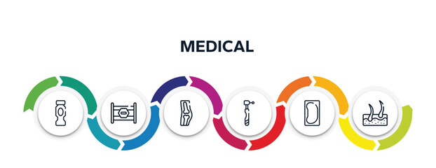 medical outline icons with infographic template. thin line icons such as hydratation, road block, orthopedics, dental drill, bedpan, epidermis vector.