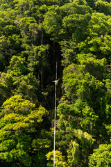 Beautiful landscape of man slacklining over the rainforest