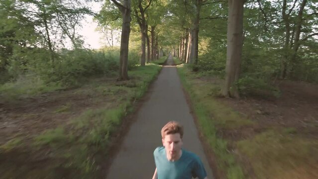 A man runs along a trail through the woods