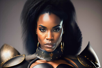 Belligerent-looking black young woman in fantasy armor with a stern, dominant gaze, made with generative AI