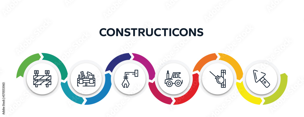 Poster constructicons outline icons with infographic template. thin line icons such as barrier construction
