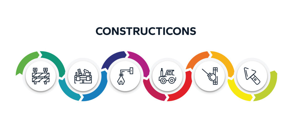constructicons outline icons with infographic template. thin line icons such as barrier construction limit tool, toolbox, derrick with tong, tractor side view, demolishing ball, construction palette