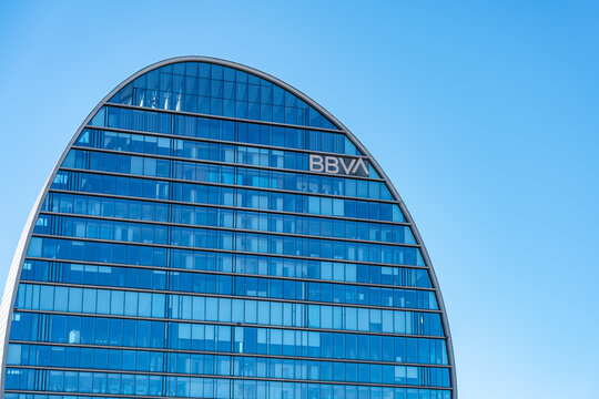 Madrid, Spain, February 4, 2023: BBVA bank headquarters in Madrid on a clear day and blue sky, copyspace.
