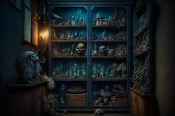 An abandoned curiosity cabinet of horrors, with awful objects on display as if in a horror movie. Unsettling creatures, monster skeletons and forbidden experiments on display. Generative AI