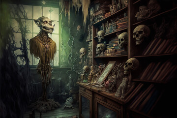 A museum of the macabre filled with horrific things and bizarre creatures, perfect for a horror movie or for exploring the forbidden abyss. Generative AI