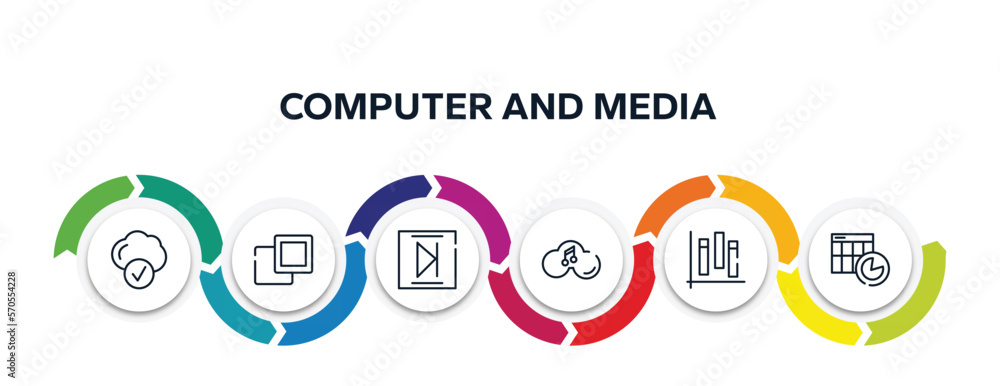 Poster computer and media outline icons with infographic template. thin line icons such as connected clouds