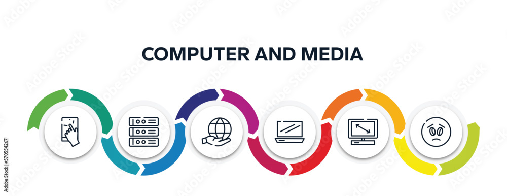 Poster computer and media outline icons with infographic template. thin line icons such as touch, rack serv