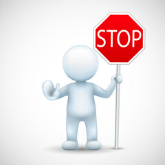 man holding stop sign on a white background. human character   with showing stop gesture hand. vector illustration.