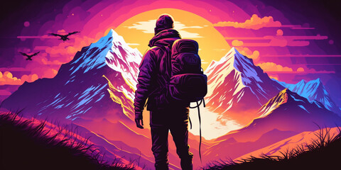 Tourist from mountain top. sun rays. man wear big backpack against sun light. back view. synthwave style vector art. Generative AI