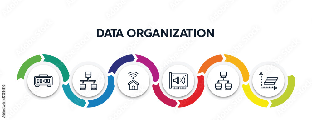 Aufkleber data organization outline icons with infographic template. thin line icons such as digital clock, la