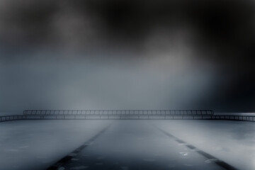 Naklejka premium Hockey stadium ice rink sport arena empty field, fog and footprints on the ice with bleachers