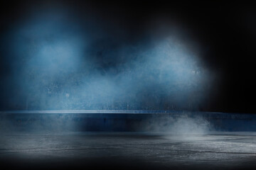 Hockey  stadium ice rink sport arena empty field, fog and dust on the ice