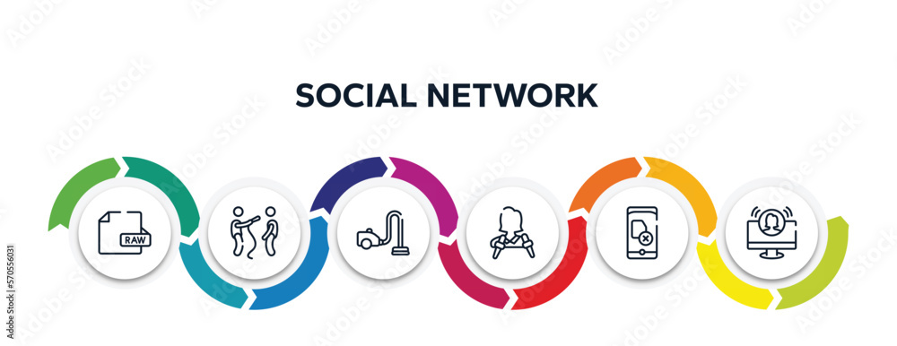 Poster social network outline icons with infographic template. thin line icons such as raw file, interviewe