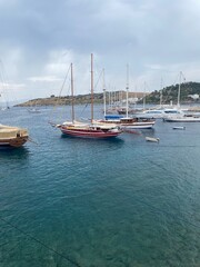 Obraz premium Turkey Bodrum region, a beautiful sea view accompanied by hills, boats and yachts, 2022, selective focus