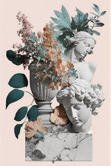 Abstract digital collage poster muped colored collage  head and bust statue with flowers, grapes, glass of wine, bottle of wine