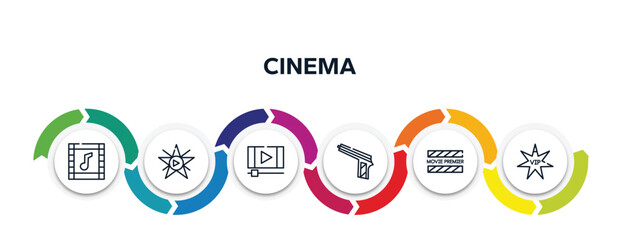 cinema outline icons with infographic template. thin line icons such as soundtrack, film star, footage, hitman, premiere, vip person vector.