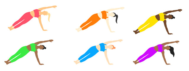 Yoga poses collection. European, African, Asian. Female woman girl. Vector illustration in cartoon flat style isolated on white background. LGBT colors.