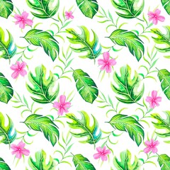 Fototapeta na wymiar Seamless pattern with watercolor tropical leaves and flowers