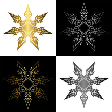 Mandala pattern set in applied Thai art style. Gold and silver gradient seven pointed star line art. Dark black and white background. Vector illustration.