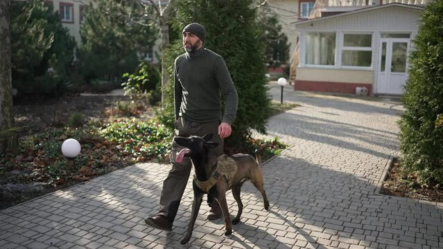 A man walks by house yard with service dog in military protective collar
