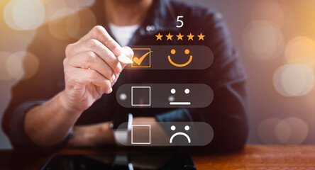 Customer give five star excellent rating review on virtual screen by choosing happy face icon