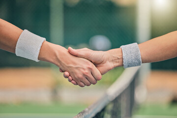 Hand, tennis and handshake for partnership, unity or greeting in sportsmanship at the outdoor court. Players shaking hands before sports game, match or trust for deal or agreement in solidarity - obrazy, fototapety, plakaty