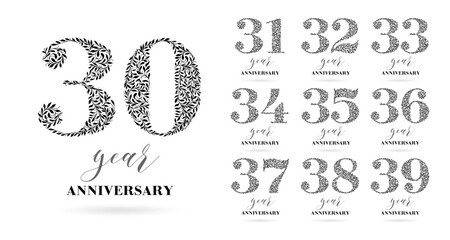 A set of logo designs from 30 to 39 years old. Number consists of a leaf pattern, no gradient fill. Anniversary logo design for holiday event, invitation, greeting, party, fashion, entertainment