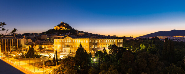 Cityscape of Athens with the Greek parliament during sunset in Greece