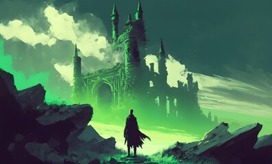 man looking at the mysterious abandoned castle with a green sky in the background, digital art style, illustration painting, Generative AI