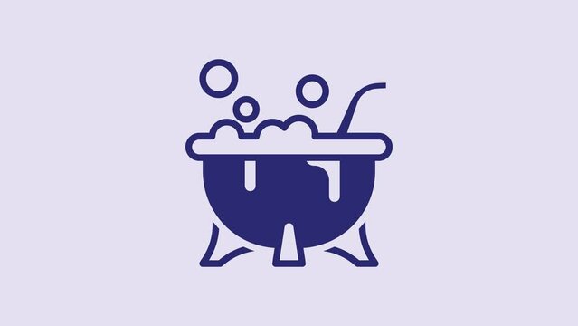 Blue Halloween witch cauldron icon isolated on purple background. Happy Halloween party. 4K Video motion graphic animation