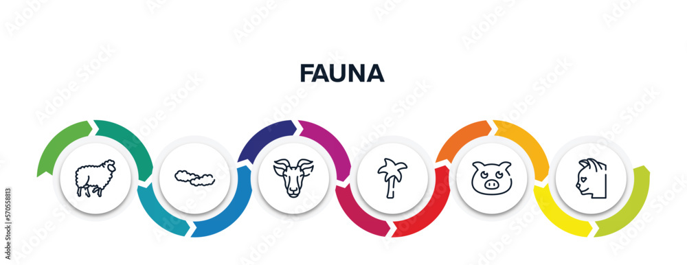 Poster fauna outline icons with infographic template. thin line icons such as sheep with curly wool, cloudy