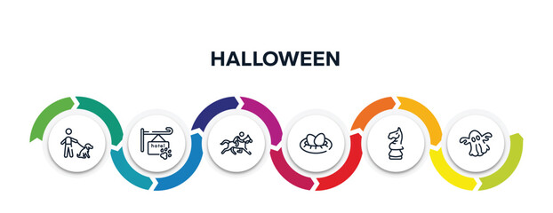 halloween outline icons with infographic template. thin line icons such as dog with owner, pet hotel, race horse with jockey, nest eggs, horse head chess piece, ghost vector.
