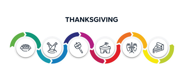 thanksgiving outline icons with infographic template. thin line icons such as pie, scene, caramel, circus, conga, piece of cake vector.