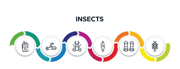 insects outline icons with infographic template. thin line icons such as walkie talkie, submarine, stag beetle, canoe, flippers, silverfish vector. © VectorStockDesign