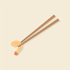 Hand drawn chopsticks and shrimp. Asian food. Cartoon vector icon illustration food object.