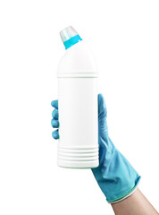 Plastic bottle of chemical detergent mockup, blank package mock-up in hand in blue glove isolated on white background